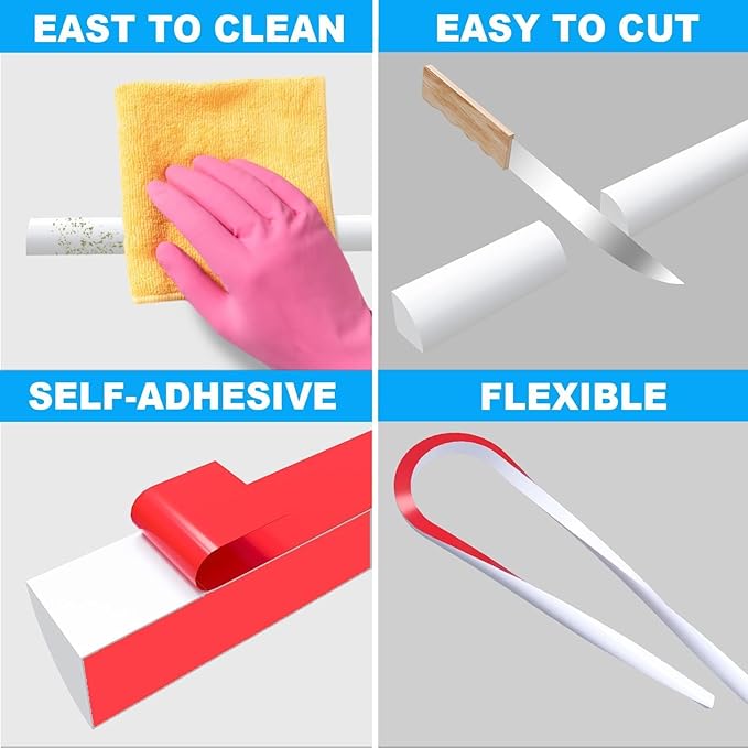 Duzzy 158 Inch Flexible Quarter Round Molding, Peel and Stick Silicone Rubber Trim Suitable for Wall Edge Floor Corner,Staircase Cabinet Edge White