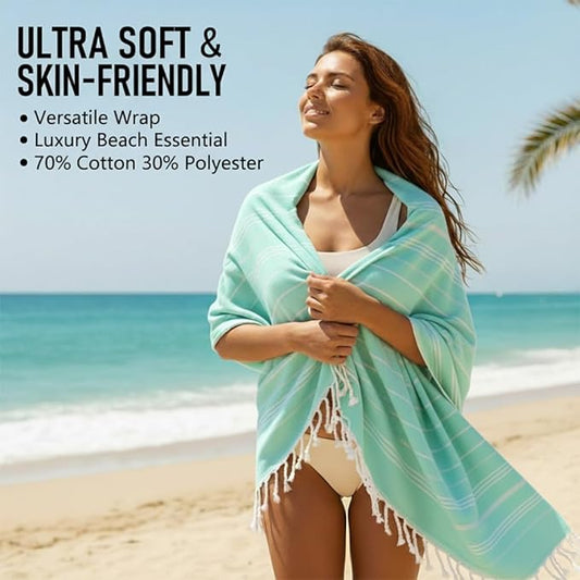 6 Pack Cotton Turkish Beach Towel Lightweight Thin Travel Vacation Essentials Oversized XL Towels Set for Pool Swim Bath Camping Cruise Accessories Must Haves Absorbent Quick Dry Sand Proof Gifts