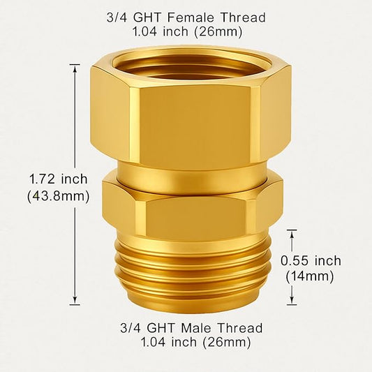 2 Pack Garden Hose Swivel Connector, 3/4" GHT Brass Swivel Hose Connector, 360° Male to Female Hose Adapter, Anti-Kink Garden Hose Fittings, No-Leak Design with Washer and PTFE Tape