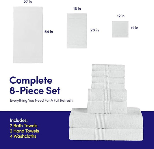 Bath Towels 8 Piece Towel Set – 100% Combed Cotton – Bath + Hand + Washcloths – Oeko-TEX Certified Soft & Absorbent Towels with Durable Double-Stitched Edges for Bathroom or Guest Spa, White