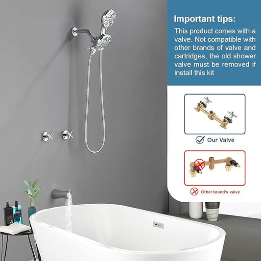 2 Handles Shower Faucet Set with Tub Spout Bathtub Shower Faucet Combo Set Shower System Complete Tub and Shower Trim Kit Chrome Polished Wall Mounted Shower Fixtures