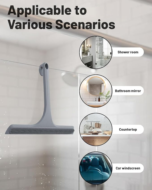 2-in-1 Silicone Shower Squeegee with Hook,Dual-Sided Design with Scraper & Scrub Surface,Rust-Proof Stainless Core,Streak-Free Bathroom Squeegee for Glass Doors,Mirrors,Windows,Car Windshields (Gray)