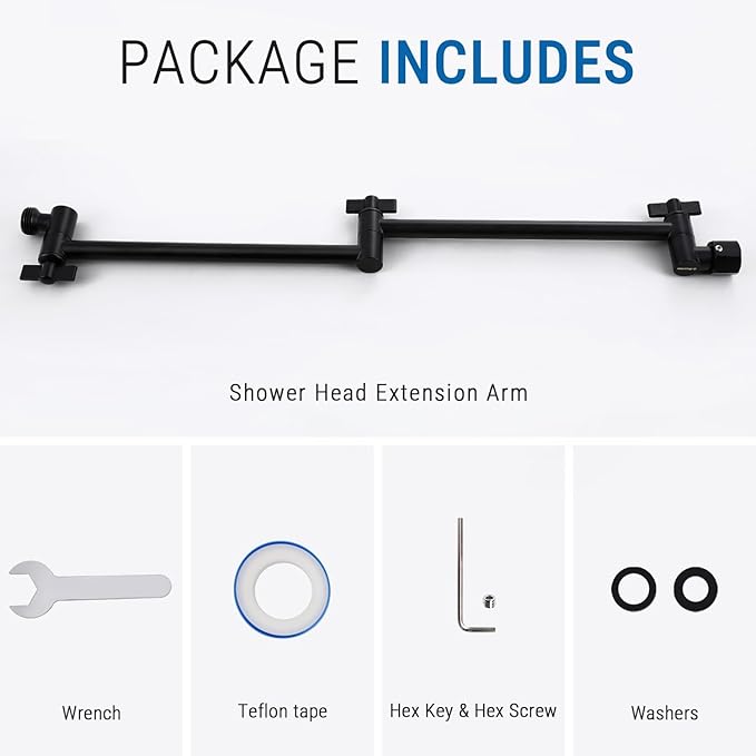 G-Promise 18 Inch Shower Head Extension Arm, Solid Brass Height & Angle Adjustable Extender, Rise or Lower Rainfall and Fixed Shower Head (Matte Black)