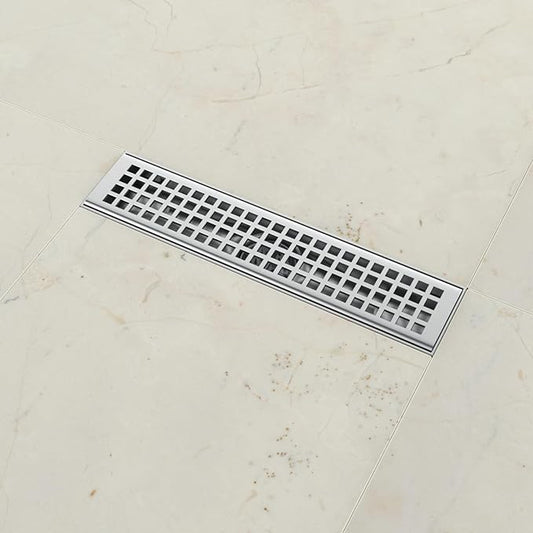 12 Inch Rectangular Shower Floor Drain, Brushed Nickel High Flow Shower Drain Kit with Flange with Hair Filter, Removable Grate Cover, 304 Stainless Steel, Abs Fixing Tray (Brushed)