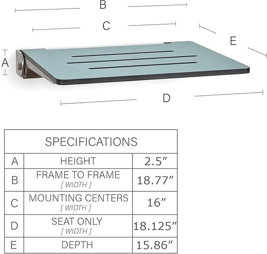 18 inch Silhouette Slimline Folding Wall Mount Shower Bench Seat, Teal Seat with Silver Frame