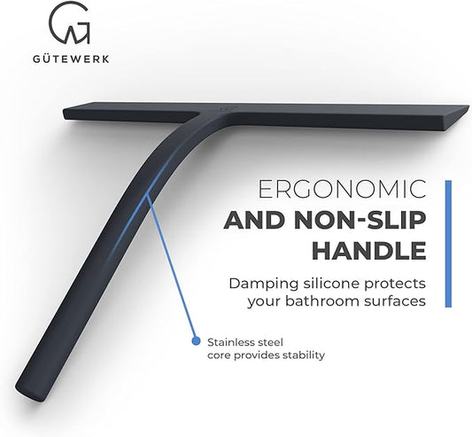 GÜTEWERK Shower Squeegee for Glass Doors, Silicone Window Squeegee, Bathroom and Glass Cleaning - Black - 11 Inch