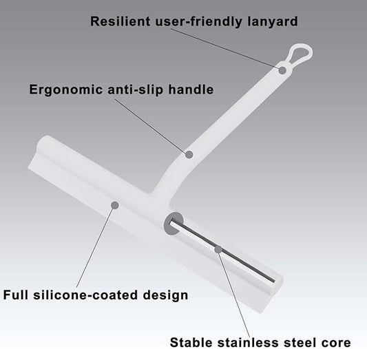 Squeegee for Shower Glass Doors, Resilient Loop - No-Drill & Adhesive Hook, Silicone Shower Squeegee with Stainless Steel Core, Cleaning Tool for Home, Kitchen, Bathroom & Car - White