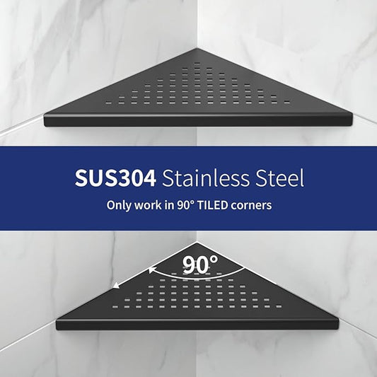8'' Corner Shower Shelf 2 Pack, 304 Stainless Steel Grout in Bathroom Shelves, Recessed Shelf Rack for Tiled Wall, No Drilling Needed (8'', Black)