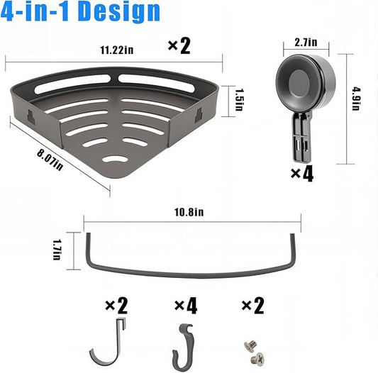 Corner Shower Caddy Suction Cup Shower Shelf Corner No Drilling Bathroom Shower Organizer Storage Rack Suction Cup Type with Towel Bar Hooks