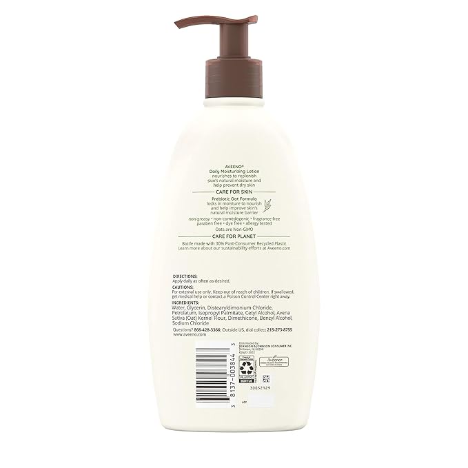 Aveeno Daily Moisturizing Body Lotion, Body Lotion for Dry Skin with Prebiotic Oat, Paraben Free, Fragrance Free, Non-Greasy, Non-Comedogenic Moisturizer, 18 FL OZ
