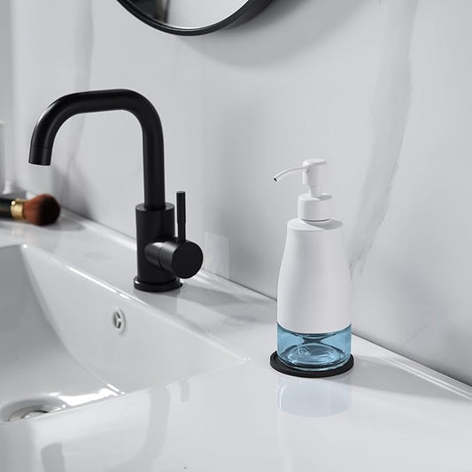 Gaussra White Soap Dispenser with Coaster and Stickers, Stainless Steel and Glass Bottle Hand Pump Dispenser, Refillable Liquid Hand Soap Dispenser for Bathroom & Kitchen (11OZ / 320ML)