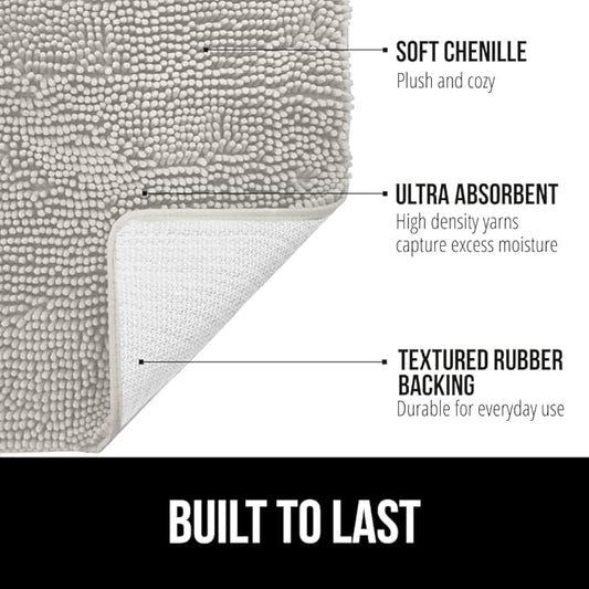 GORILLA GRIP Bath Rug Mat, Soft Absorbent Chenille, Quick Dry Microfiber Mats, Rubber Backing Washable Shower Floor Rugs, Bathmat Runner, US Designed Bathroom Home Decor Accessories 24x17 Light Gray