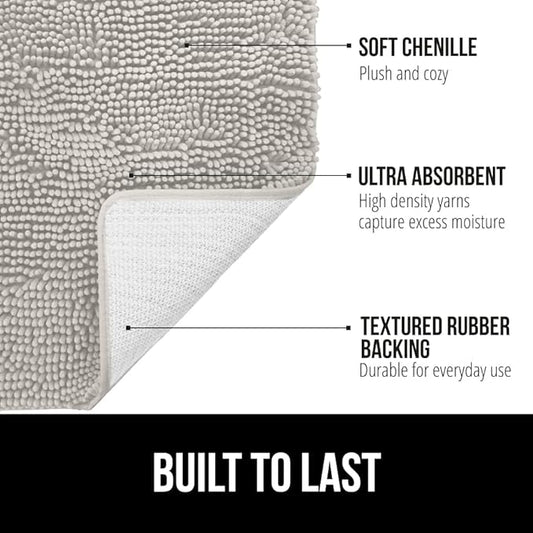 GORILLA GRIP Bath Rug Mat 30x20, Soft Absorbent Chenille, Quick Dry Microfiber Mats, Rubber Backing Washable Shower Floor Rugs, Bathmat Runner, US Designed Bathroom Home Decor Accessories Light Gray