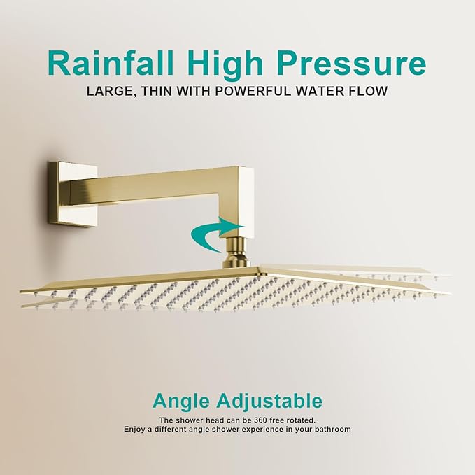 Square Rain Shower Head, High Flow Stainless Steel,Work with any decorative style,All Metal Rainfall Shower Head (Brushed Gold, 12)