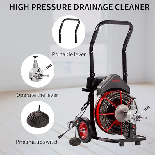 100FT x 1/2 inch Electric Drain Washer, Sewer Spiral Automatic Feed Portable Sewer Snake, Automatic Feed Drain Snake Drill on Wheels with 5 Knives and Air Activated Foot Switch for 4 "to 8" Pipe