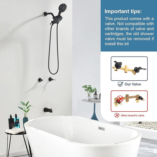 2 Handle Shower Faucet Set with Tub Spout and Shower Head Combo, Matte Black, Wall Mounted, 2 Handles, Brass, Complete Bathtub Shower Trim Kit