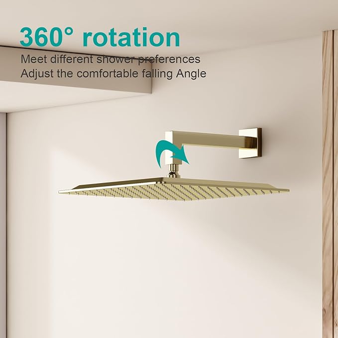 Square Rain Shower Head, High Flow Stainless Steel,Work with any decorative style,All Metal Rainfall Shower Head (Brushed Gold, 16)