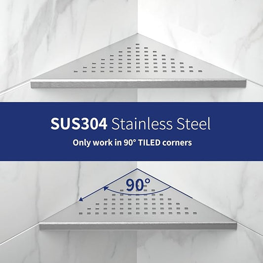 8'' Corner Shower Shelf 2 Pack, 304 Stainless Steel Grout in Shelves for Tiled Wall, Recessed Bathroom Shelf Rack, No Drilling Needed (8'', Silver)