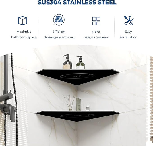 FerdY 2-Pack 10" Matte Black Recessed Corner Shower Shelf, for Tiled Bathroom Walls, Floating Shelf, 304 Stainless Steel Shower Caddy Storage Shelves, No Drilling Required, Rugby Diamond