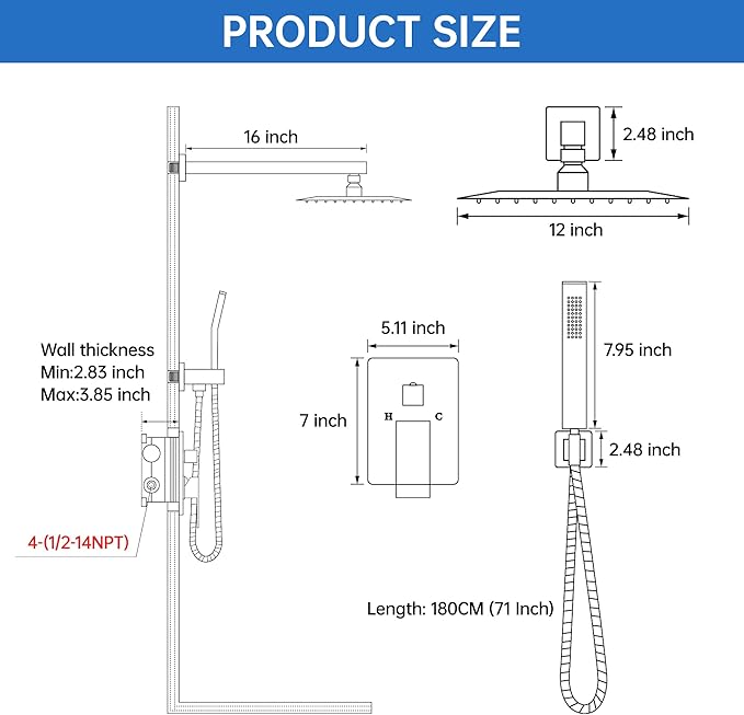 12 Inch Luxury Rain Shower Faucet Set, Matte Black Shower System with Rainfall Shower Head and Handheld Spray, SUS304 Stainless Steel and Solid Brass Wall Mounted Shower Valve Trim Kit
