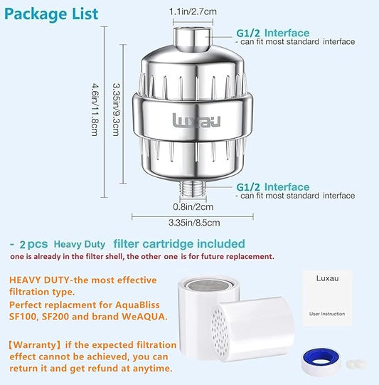 Heavy Duty Shower Filter, Chlorine Hard Water Filter Softener Purifier, with 2 Filter Cartridges, Fits Universal Handheld Shower Head Fixed Rainfall Bath Fixture, Chrome