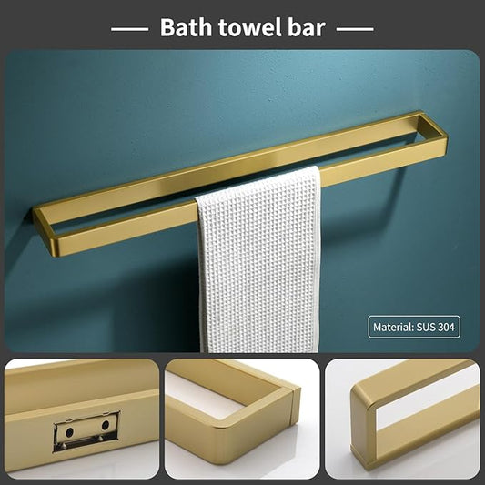 Bathroom Hardware Accessories Set Brushed Gold Towel Bar Set Square Bathroom Accessories Kit 4-Piece Towel Holder Set Stainless Steel Wall Mounted,23.6 Inch Towel Bar