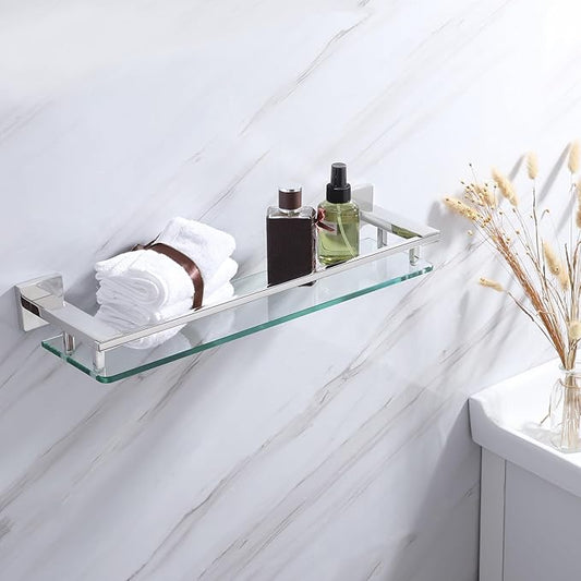 LANC Chrome Bathroom Shelf Glass Shelves 20-Inch Floating Tempered Glass Shelf Rectangular Stainless Steel Wall Mounted Silver Polished Shelves for Bathroom Kitchen Organizers Accessories,A7613CP