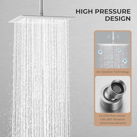 12 Inch Rain Shower Head, 12" Square Rainfall & High Pressure Stainless Steel Bath Shower Head, 1/16" Ultra Thin, Waterfall Full Body Coverage with Silicone Nozzle, Polished Chrome