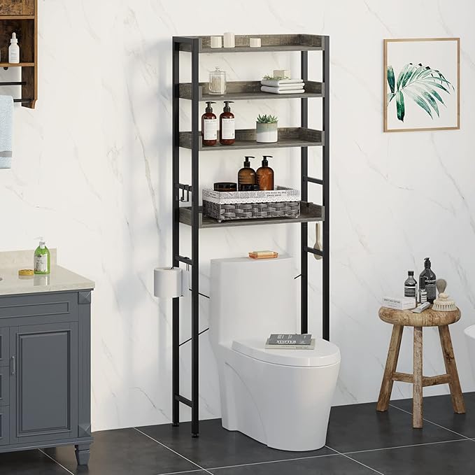 Rolanstar Over The Toilet Storage 4-Tier, Sturdy Bathroom Shelf with Adjustable Shelf, Freestanding Over The Toilet Rack for Bathroom, Behind Toilet Rack, Fix Most Toilet, Space-Saving, Gray