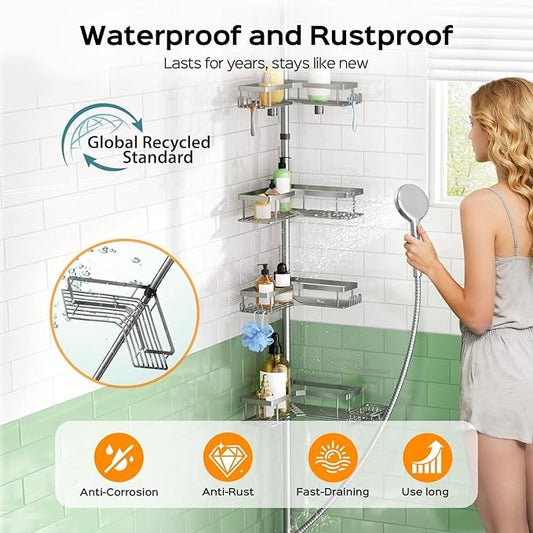 HAMITOR Shower Caddy Tension Pole: 4-Tier Corner Rustproof Bathroom Organizer with Soap Holder - No-Drill Adjustable Shower Shelf for Renters - Small Space Storage Rack for Apartment - 47-123 Inch
