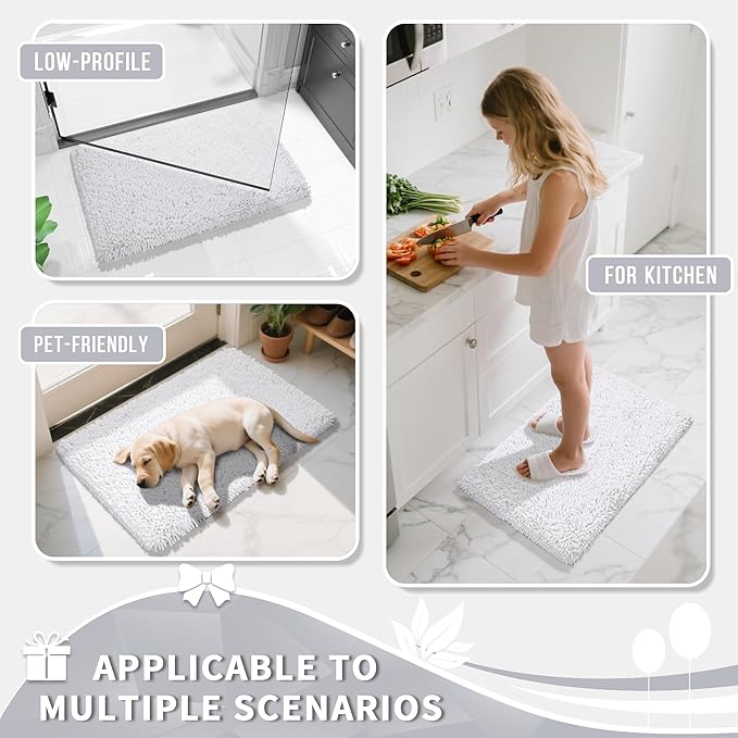 Yimobra Long Bathroom Rug Non Slip 44x24 Inch, Extra Thick Soft Absorbent Chenille Bath Mat, Machine Washable Quick Dry Bath Rugs for Bathroom Floor, Tub and Shower, Home Decor Accessories, White