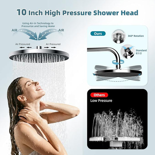 Hibbent Upgraded Self-cleaning Shower Head Combo, High Pressure 10'' Rain Showerhead with 3-mode Handheld Spray, Metal Extension Arm with Easy Reach All Metal 4-way Diverter, 71" Hose & Holder, Chrome