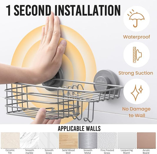 LEVERLOC Shower Caddy Suction Cup, Heavy Duty Bathroom Organizer for Inside Shower with Hooks & Soap holder, NO-Drilling Bathroom Holder-Grey