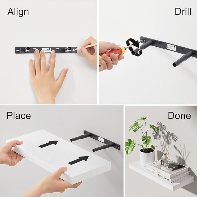 BAYKA White Floating Shelves for Wall ā Rustic Wood Wall Shelves with Metal Brackets for Bathroom, Bedroom, Kitchen, or Living Room Decor Organization ā Set of 3, Sturdy Storage with 22lb Capacity