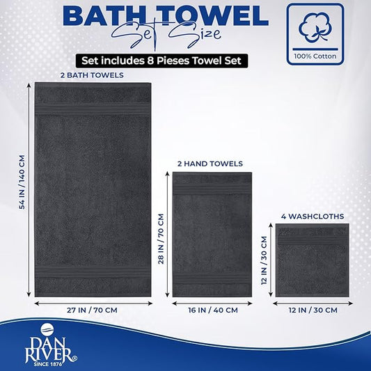 DAN RIVER 8 PC Luxury Bath Towels for Bathroom, 2 Bath, 2 Hand, and 4 Wash Cloths, 600 GSM 100% Ring Spun Cotton Towel Set, Highly Absorbent, Gym, Hotel, and Spa, Dark Gray