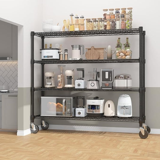 Homdox 4 Tier Heavy Duty Metal Wire Shelving with Wheels, 2400 lbs Capacity Garage Storage Rack, Rolling Industrial Storage, Adjustable Commercial Shelves for Kitchen, Warehouse, 18"x60"x72", Black