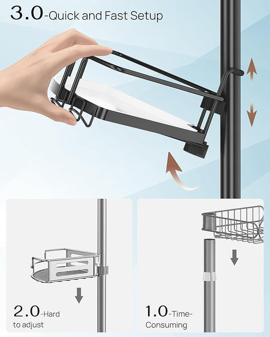 ALLZONE Corner Shower Caddy Tension Pole – Rust-Free Stainless Steel Shower Organizer with Adjustable Storage Shelves, Drill-Free Installation, Quick Setup, Extends from 34 to 116 Inches
