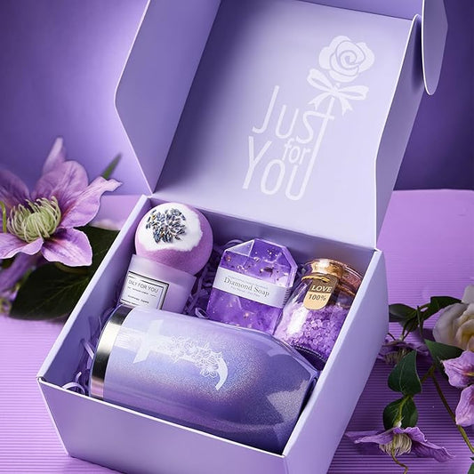 Birthday Gifts for Women, Relaxing Lavender Spa Gift Basket Set with 20oz Monogram Initial Tumbler for Mom Wife Sister Aunt Teacher Nurse, Wedding Gifts, Bridesmaid Gifts, Best Friend Gifts (J)
