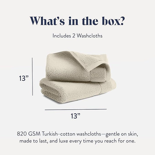 Brooklinen Super-Plush Turkish Cotton Washcloths - Set of 2 - Cotton, 820 GSM, Highly Absorbent, Machine Washable, Perfect for Home & Bathroom (13" x 13", Stone)