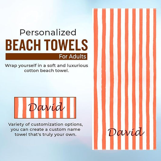 Personalized Passion Beach Towels for Adults - Custom Pool Towels with Name - Highly Absorbent Cotton - Striped Design for Women & Men - Large 70x30 Bath Sheet for Hotel, Swim & Camping - Coral