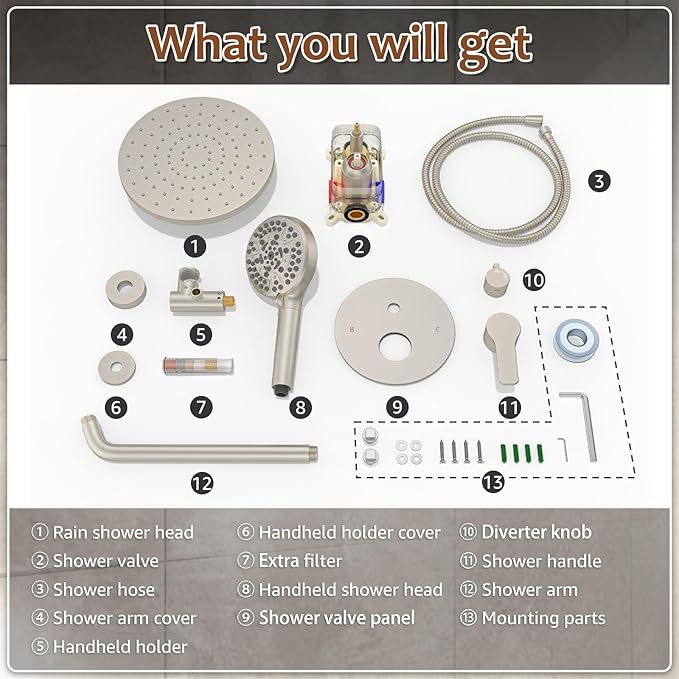 Iriber Brushed Nickel Round Rain Shower System Faucet Set,Bathroom Filtered Shower Head with Handheld, 9 Spray Mode Showerhead with Filters,Shower Valve Trim Kit Contain Cartridge,10 Inch