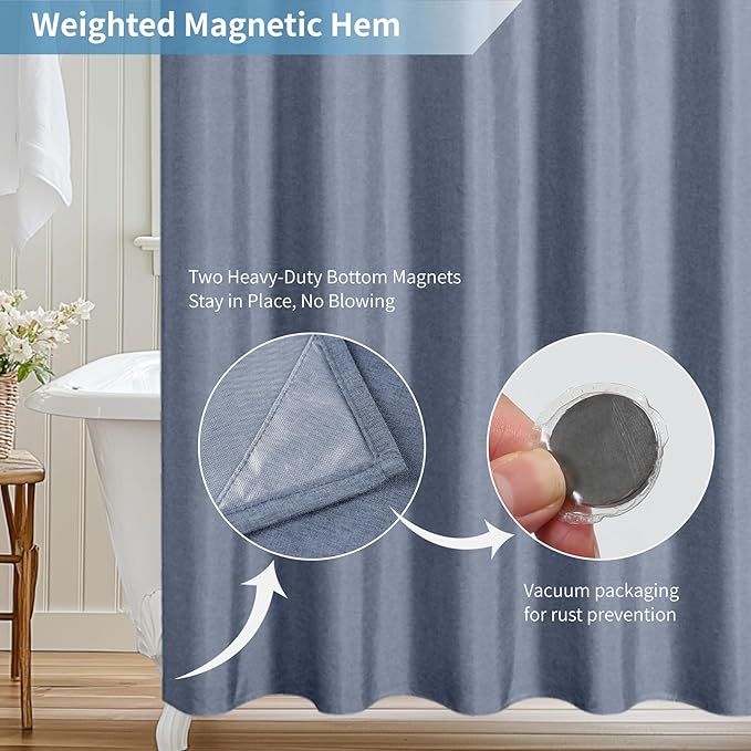 2-in-1 Waterproof Long Fabric Shower Curtain or Liner,Linen Textured,78 Inch Breathable TPU & Washable Bathroom Shower Curtain Set with 12 Plastic Hooks,Modern,72"x78" Blue Gray