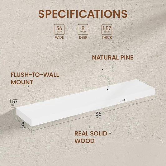 Heimlove 36 inch Floating Shelves for Wall,2 Packs Natural Pine Solid Wood Floating Shelves, 8 inches Deep Wooden Shelves for Kitchen Bedroom Office & Living Room Display Wall Decor