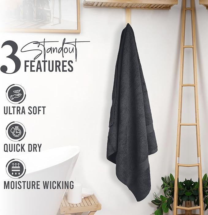 RIVERSIDE 100% Ring Spun Cotton Large Bath Towels Set of 4, 27 x 54 ā Quick Dry, Soft & Highly Absorbent Towels for Shower & Bathroom ā Luxury 600 GSM Towels for Home, Spa, Gym, Hotel, Charcoal