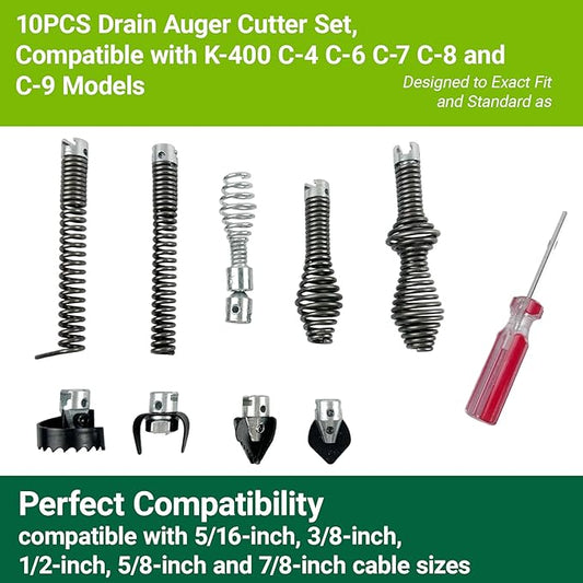 10PCS Drain Auger Cutter Set, Drain Snake Attachments Kit Drain Cleaning Attachment Compatible with K-400 C-4 C-6 C-7 C-8 and C-9 Models, Fit for 5/8" Port Heavy-Duty Cables Includes Cutting Tools