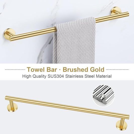 Lairuier 5 Pieces Brushed Gold Bathroom Accessories Set, 23.6 Inch Bath Towel Bar Set, SUS304 Stainless Steel Bathroom Hardware Set Round Toilet Paper Holder Set Wall Mounted