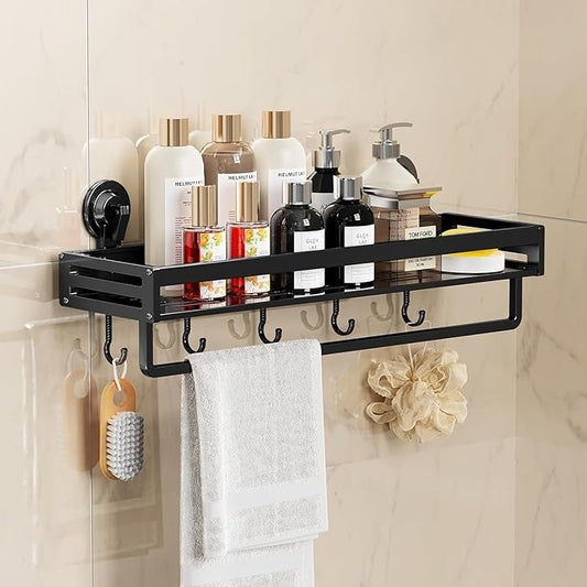 Shower Caddy Suction Cup, 11.8 inch Suction Shower Shelf with Hooks NO-Drilling Bathroom Holder, Rustproof Bathroom Organizer, Black