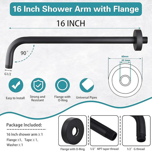 16 Inch Shower Arm with Flange,Stainless Steel 90 Degree Rain Shower Head Extension Arm,Wall-Mounted Shower Head Arm for Fixed Shower Head,Matte Black