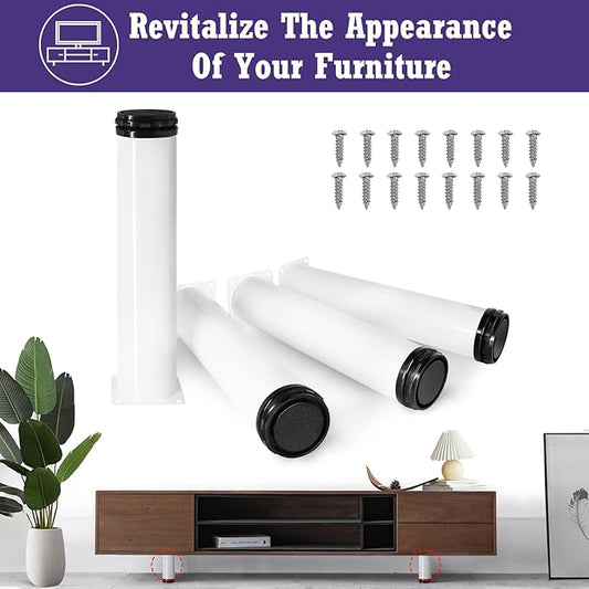 12 Inch Metal Furniture Legs - Stainless Steel, Adjustable, White, Round Cabinet Legs for Coffee Table, Cabinet, Desk, Sofa, Shelves - Pack of 4