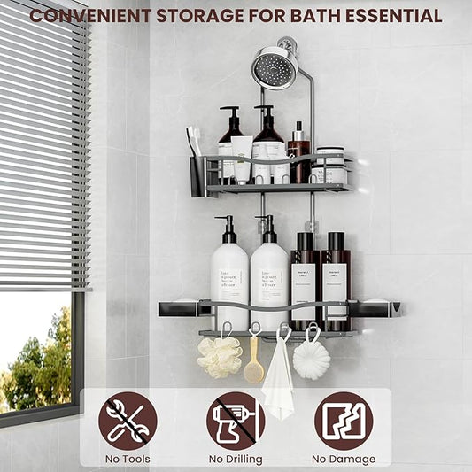 REINHARDT Shower Caddy Hanging, Rustproof Bathroom Caddy Anti-Swing Shower Organizer No Drilling Bath Racks with Soap Holder Multi Hooks Bathroom Storage for Shampoo Sponge, Grey